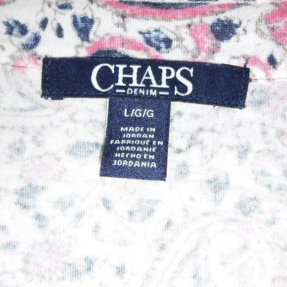 Chaps Ladies Cream/Blue/Pink Pasley V Neck with Ruffle Blouse - Picture 3 of 4